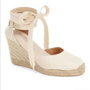 Soludos Wedge Lace Up Espadrille Blush Linen Cream Color Size 9